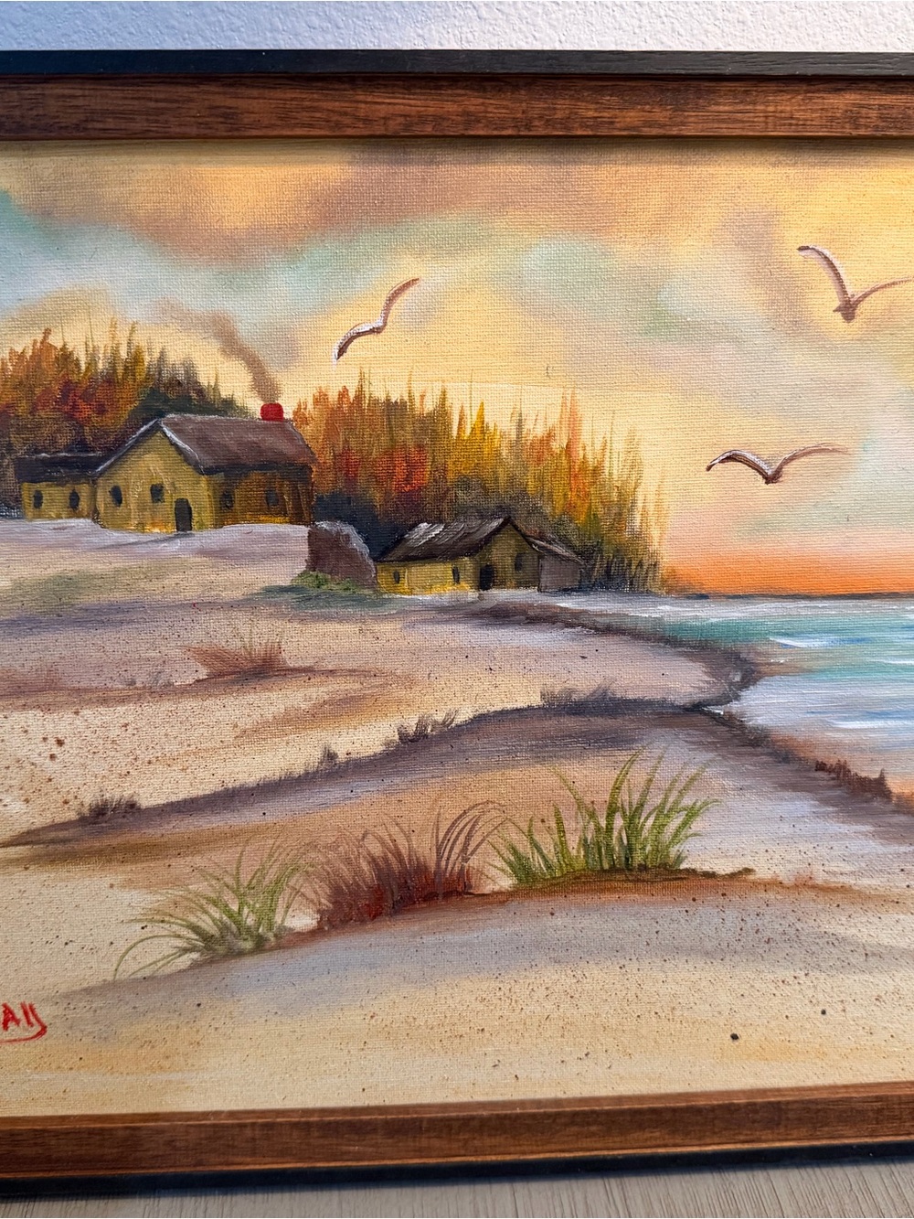 Coastal Sunset Beach Painting in Yellow and Orange with Wooden Frame